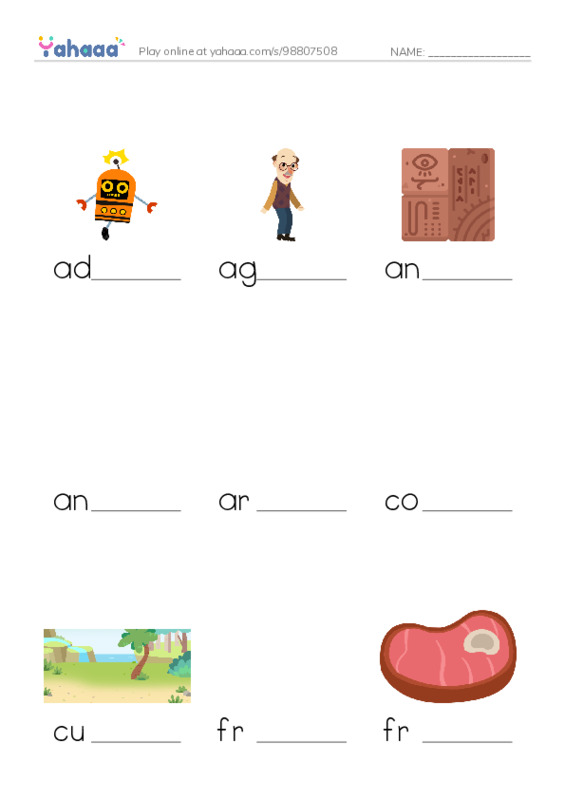 Common Adjectives in English: age 1 PDF worksheet to fill in words gaps