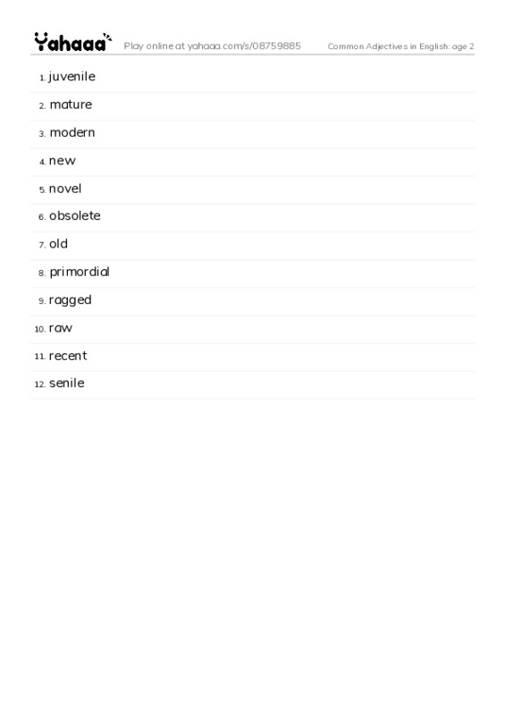 Common Adjectives in English: age 2 PDF words glossary