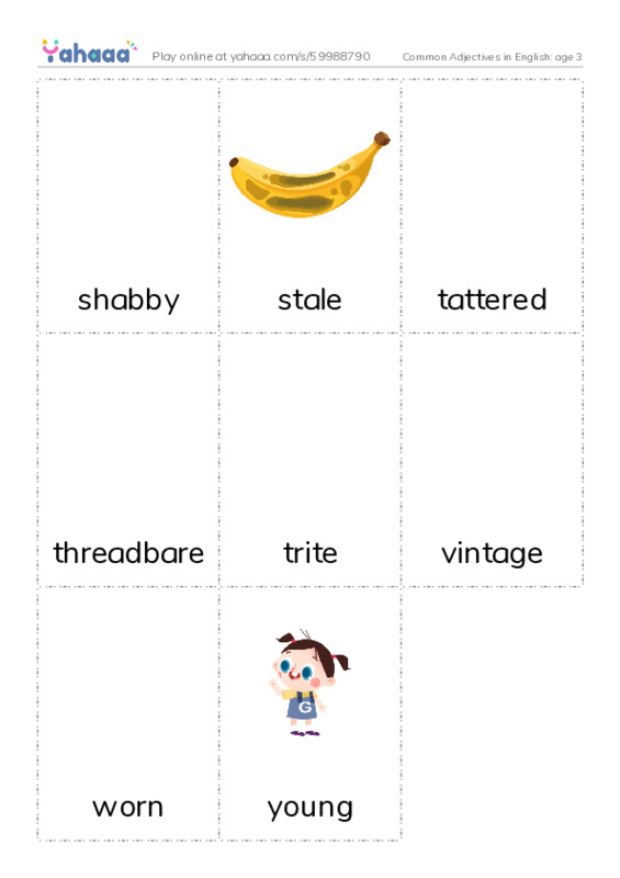Common Adjectives in English: age 3 PDF flaschards with images