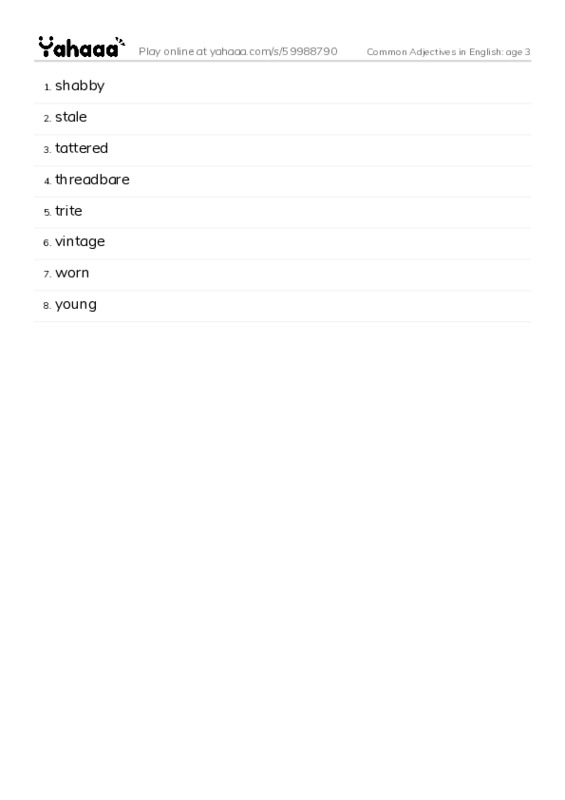 Common Adjectives in English: age 3 PDF words glossary