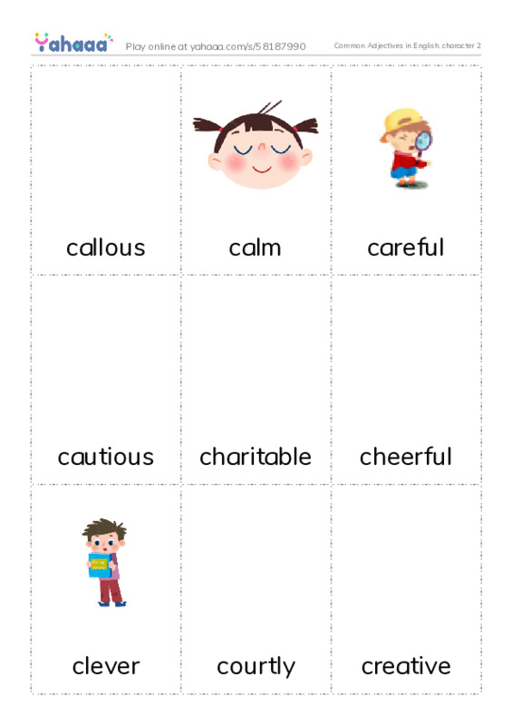 Common Adjectives in English: character 2 PDF flaschards with images