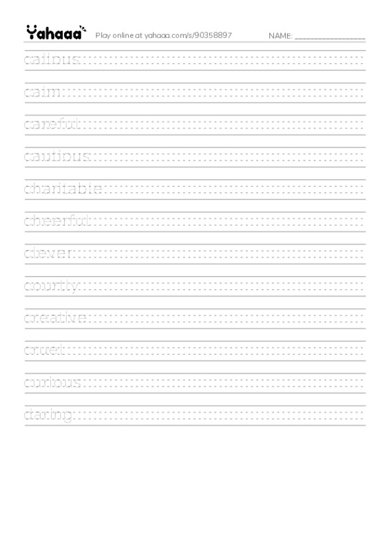 Common Adjectives in English: character 2 PDF write between the lines worksheet