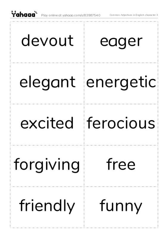 Common Adjectives in English: character 3 PDF two columns flashcards