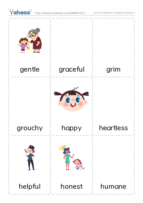 Common Adjectives in English: character 4 PDF flaschards with images