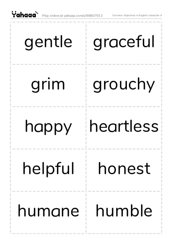 Common Adjectives in English: character 4 PDF two columns flashcards
