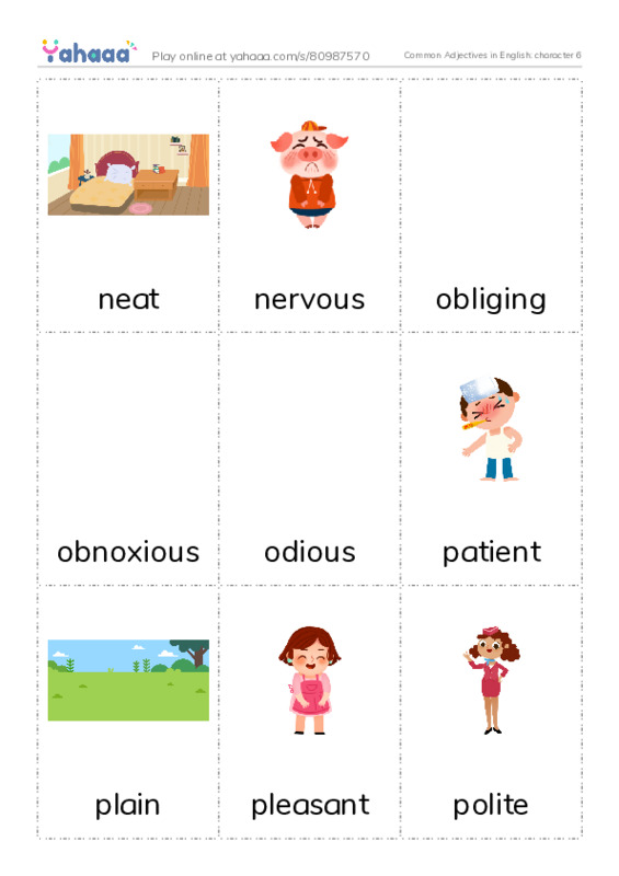 Common Adjectives in English: character 6 PDF flaschards with images