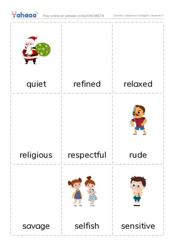 Common Adjectives in English: character 7 PDF flaschards with images