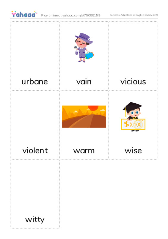Common Adjectives in English: character 9 PDF flaschards with images