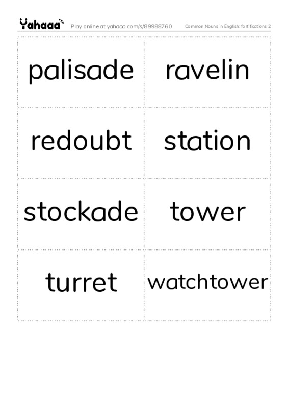 Common Nouns in English: fortifications 2 PDF two columns flashcards