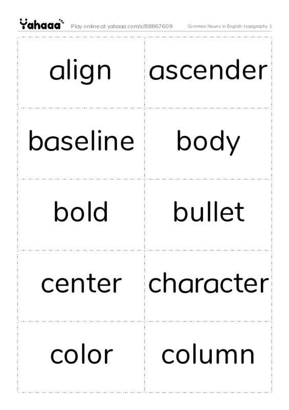 Common Nouns in English: typography 1 PDF two columns flashcards