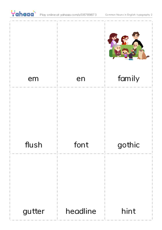 Common Nouns in English: typography 2 PDF flaschards with images