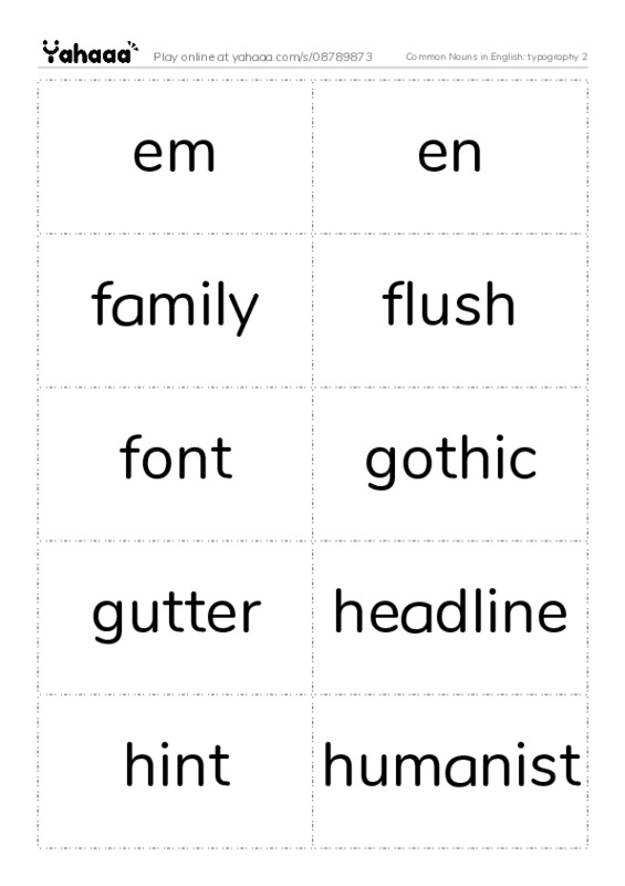 Common Nouns in English: typography 2 PDF two columns flashcards