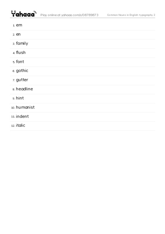 Common Nouns in English: typography 2 PDF words glossary