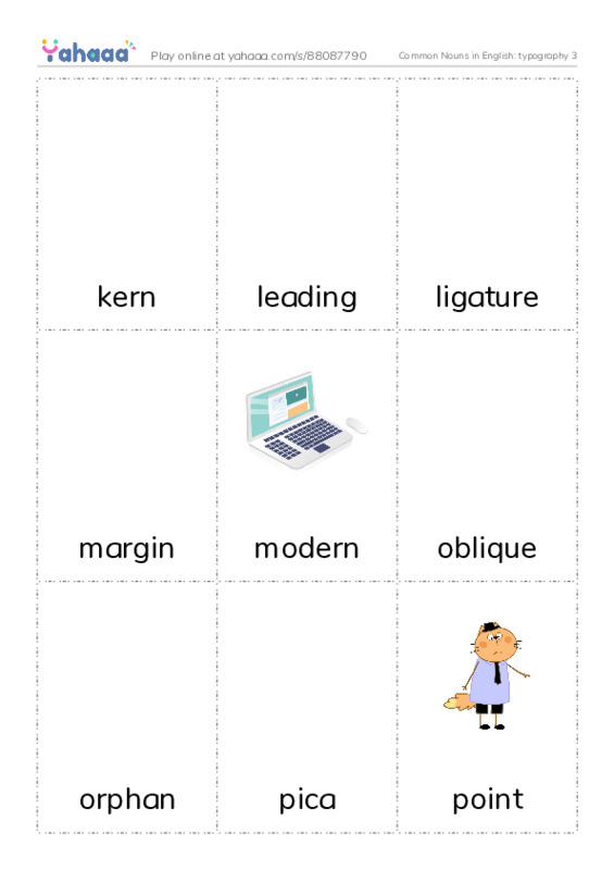 Common Nouns in English: typography 3 PDF flaschards with images