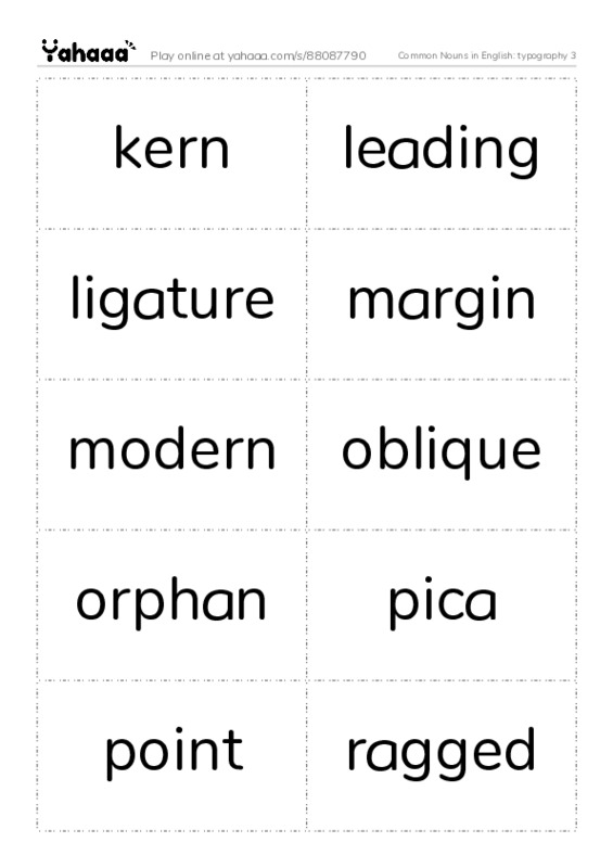 Common Nouns in English: typography 3 PDF two columns flashcards
