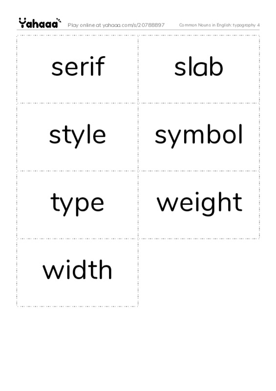 Common Nouns in English: typography 4 PDF two columns flashcards