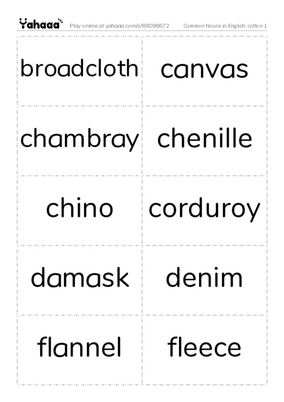 Common Nouns in English: cotton 1 PDF two columns flashcards