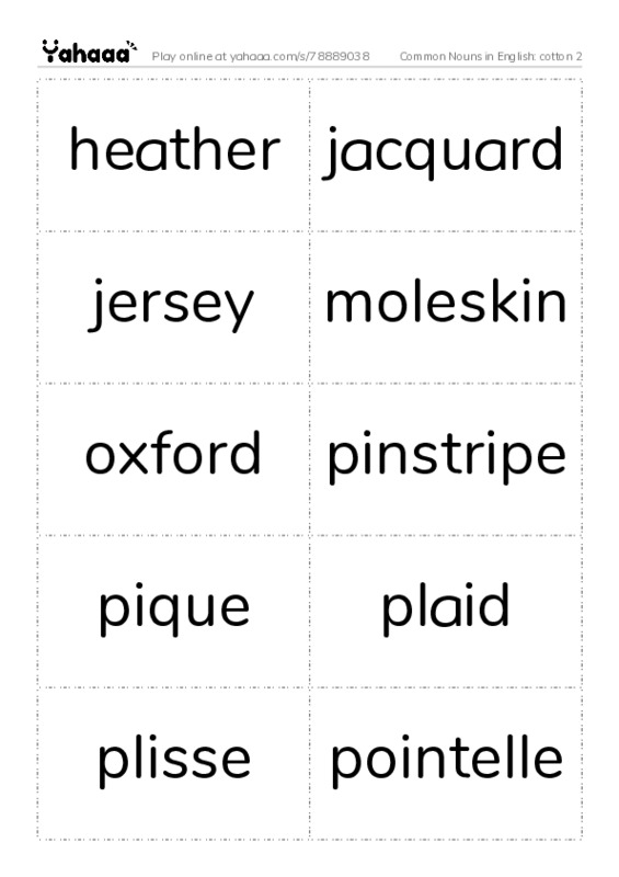 Common Nouns in English: cotton 2 PDF two columns flashcards