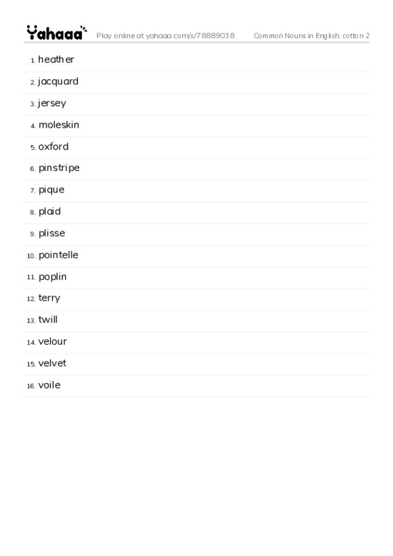 Common Nouns in English: cotton 2 PDF words glossary
