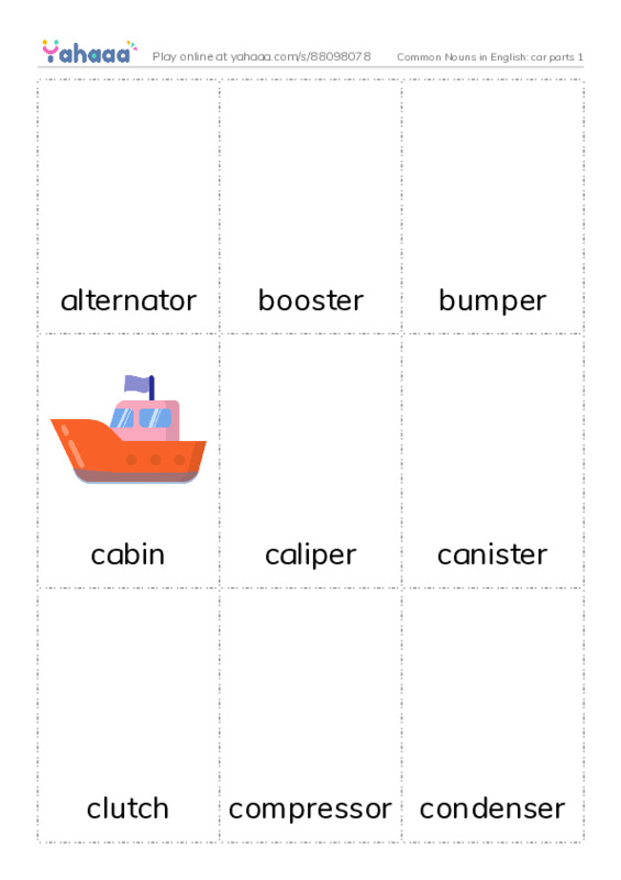 Common Nouns in English: car parts 1 PDF flaschards with images