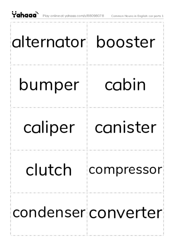Common Nouns in English: car parts 1 PDF two columns flashcards