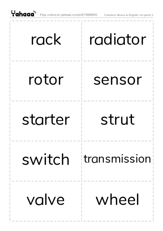 Common Nouns in English: car parts 3 PDF two columns flashcards