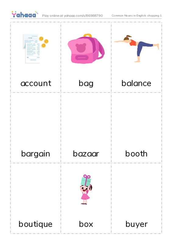 Common Nouns in English: shopping 1 PDF flaschards with images