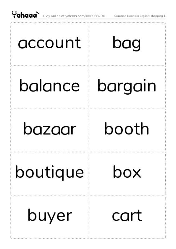 Common Nouns in English: shopping 1 PDF two columns flashcards