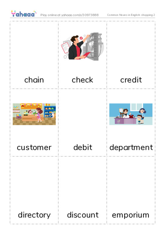 Common Nouns in English: shopping 2 PDF flaschards with images