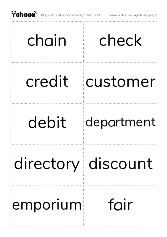 Common Nouns in English: shopping 2 PDF two columns flashcards