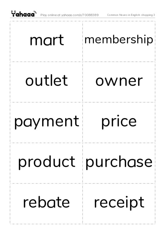 Common Nouns in English: shopping 3 PDF two columns flashcards