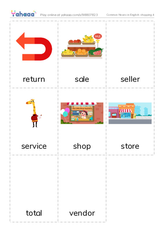 Common Nouns in English: shopping 4 PDF flaschards with images