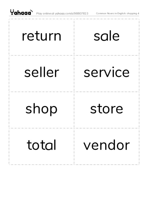 Common Nouns in English: shopping 4 PDF two columns flashcards