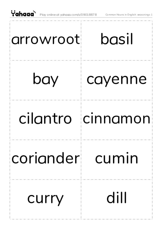 Common Nouns in English: seasonings 1 PDF two columns flashcards