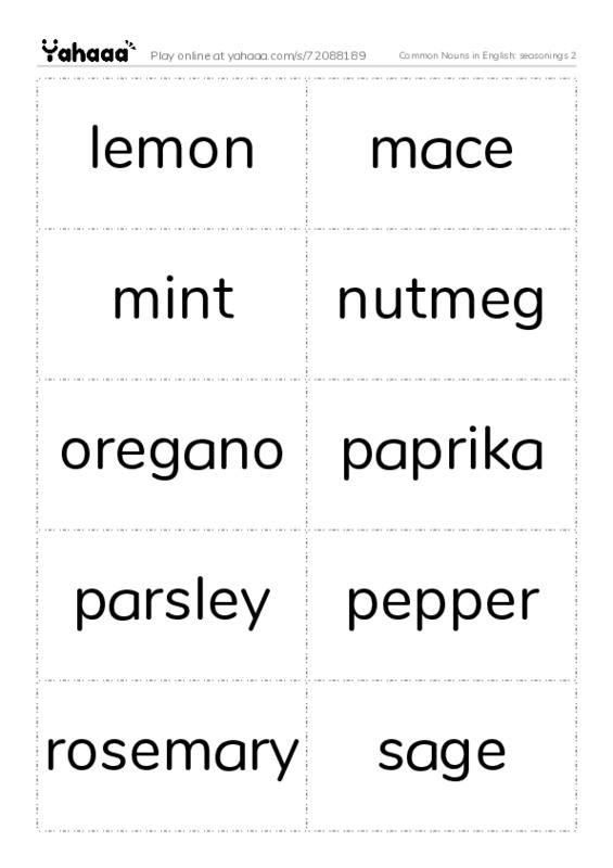 Common Nouns in English: seasonings 2 PDF two columns flashcards