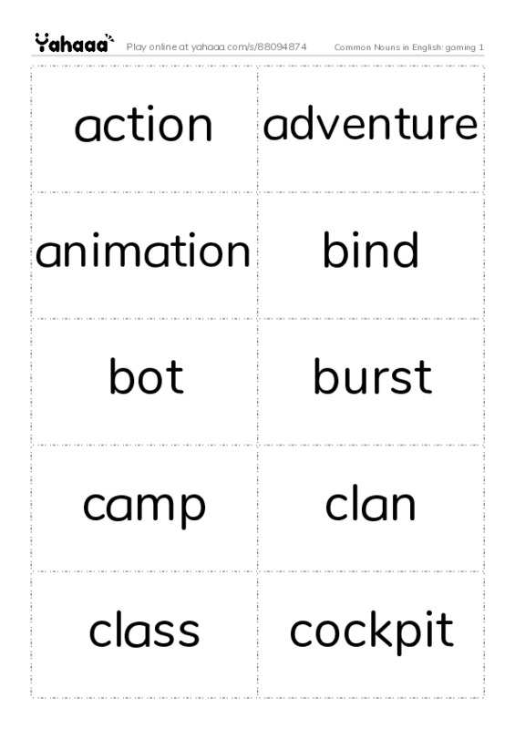Common Nouns in English: gaming 1 PDF two columns flashcards