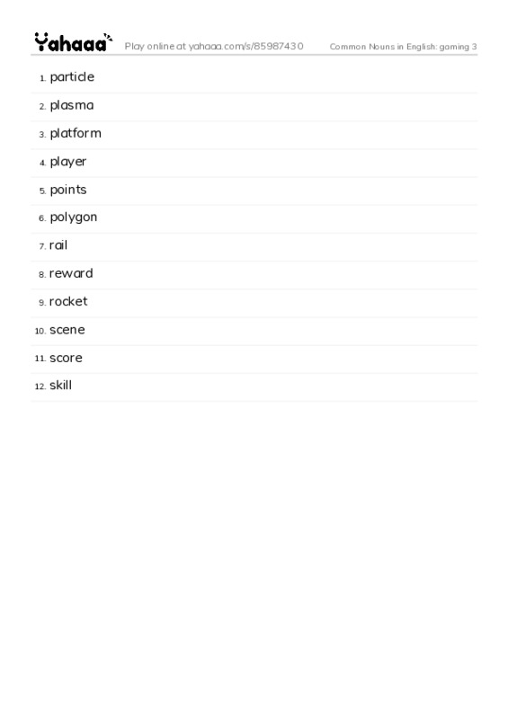Common Nouns in English: gaming 3 PDF words glossary