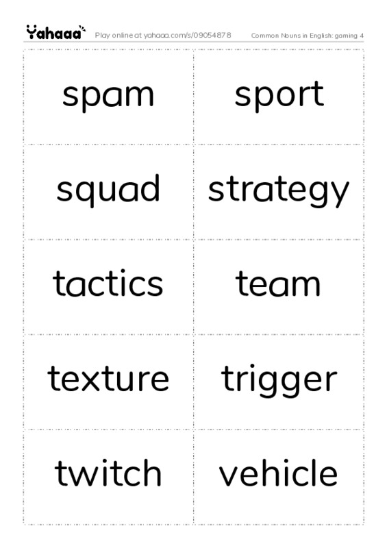 Common Nouns in English: gaming 4 PDF two columns flashcards