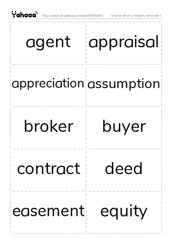 Common Nouns in English: real estate 1 PDF two columns flashcards