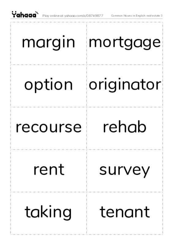 Common Nouns in English: real estate 3 PDF two columns flashcards