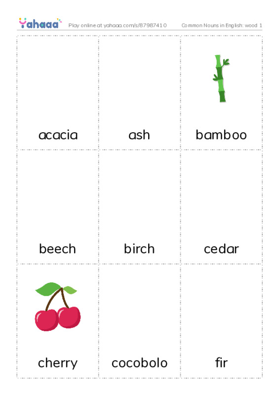Common Nouns in English: wood 1 PDF flaschards with images