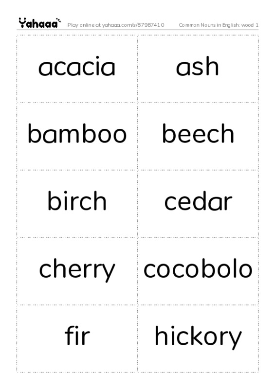 Common Nouns in English: wood 1 PDF two columns flashcards