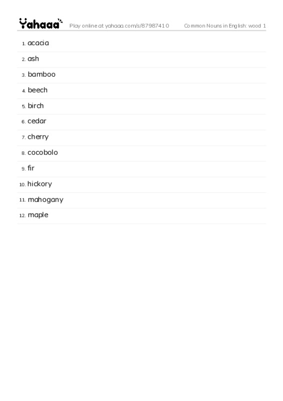 Common Nouns in English: wood 1 PDF words glossary