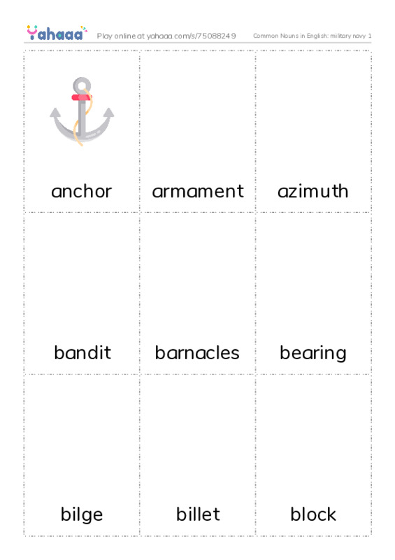 Common Nouns in English: military navy 1 PDF flaschards with images