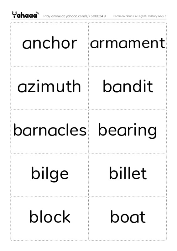 Common Nouns in English: military navy 1 PDF two columns flashcards