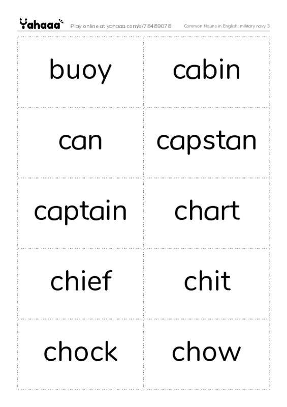 Common Nouns in English: military navy 3 PDF two columns flashcards
