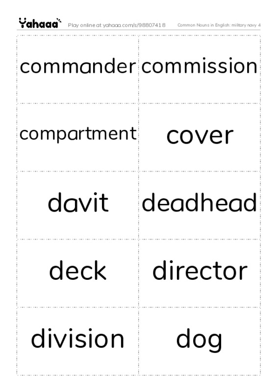 Common Nouns in English: military navy 4 PDF two columns flashcards