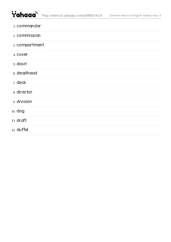 Common Nouns in English: military navy 4 PDF words glossary