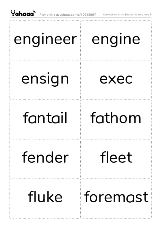 Common Nouns in English: military navy 5 PDF two columns flashcards