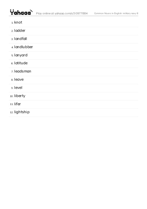 Common Nouns in English: military navy 8 PDF words glossary
